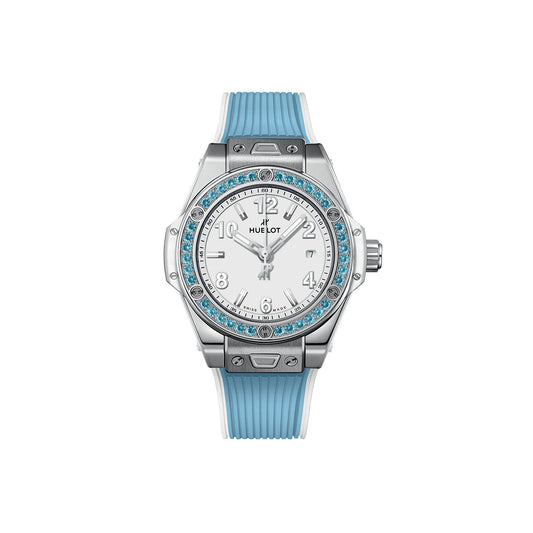 Unworn Hublot Big Bang One Click Joyful Steel Sky Blue 33, 485.SL.2210.RX.1207, box and papers
