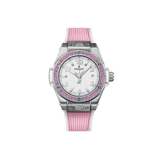 Unworn Hublot Big Bang One Click Joyful Steel Pink 33, 485.SP.2210.RX.1233, box and papers