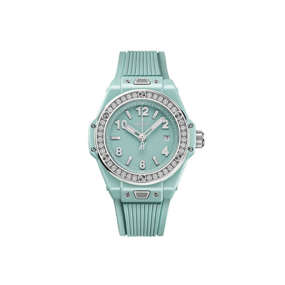 Unworn Hublot Big Bang One Click Mint Green Ceramic Diamonds 33, 485.GS.5271.RX.1204, box and papers