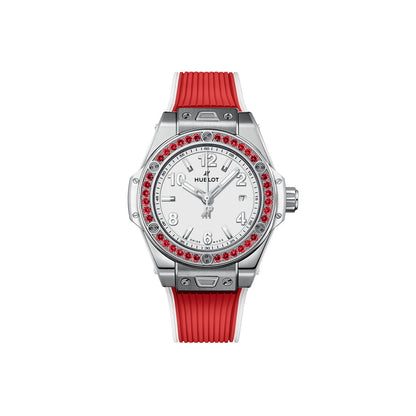 Unworn Hublot Big Bang One Click Joyful Steel Red 33, 485.SR.2210.RX.1213, box and papers