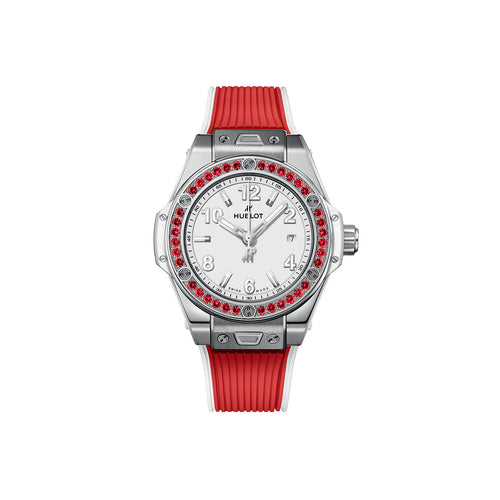 Unworn Hublot Big Bang One Click Joyful Steel Red 33, 485.SR.2210.RX.1213, box and papers