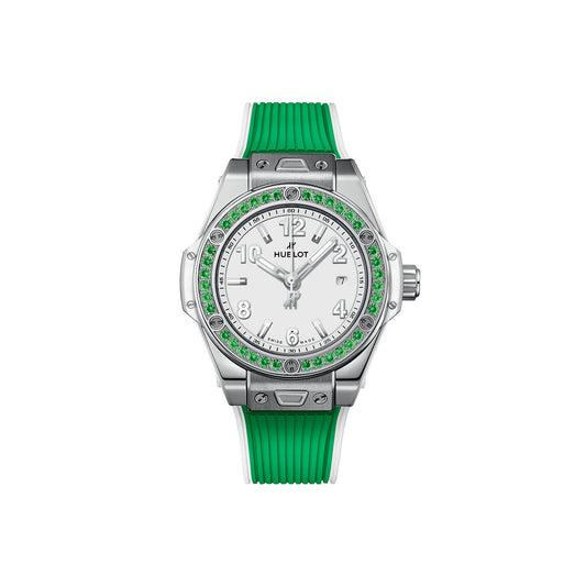 Unworn Hublot Big Bang One Click Joyful Steel Apple Green 33, 485.SG.2210.RX.1222, box and papers