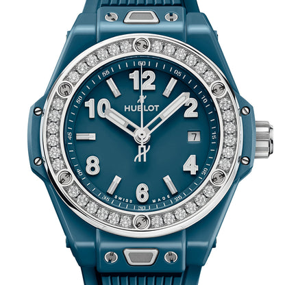 Unworn Hublot Big Bang One Click Petrol Blue Ceramic Diamonds 33, 485.ES.5171.RX.1204, box and papers