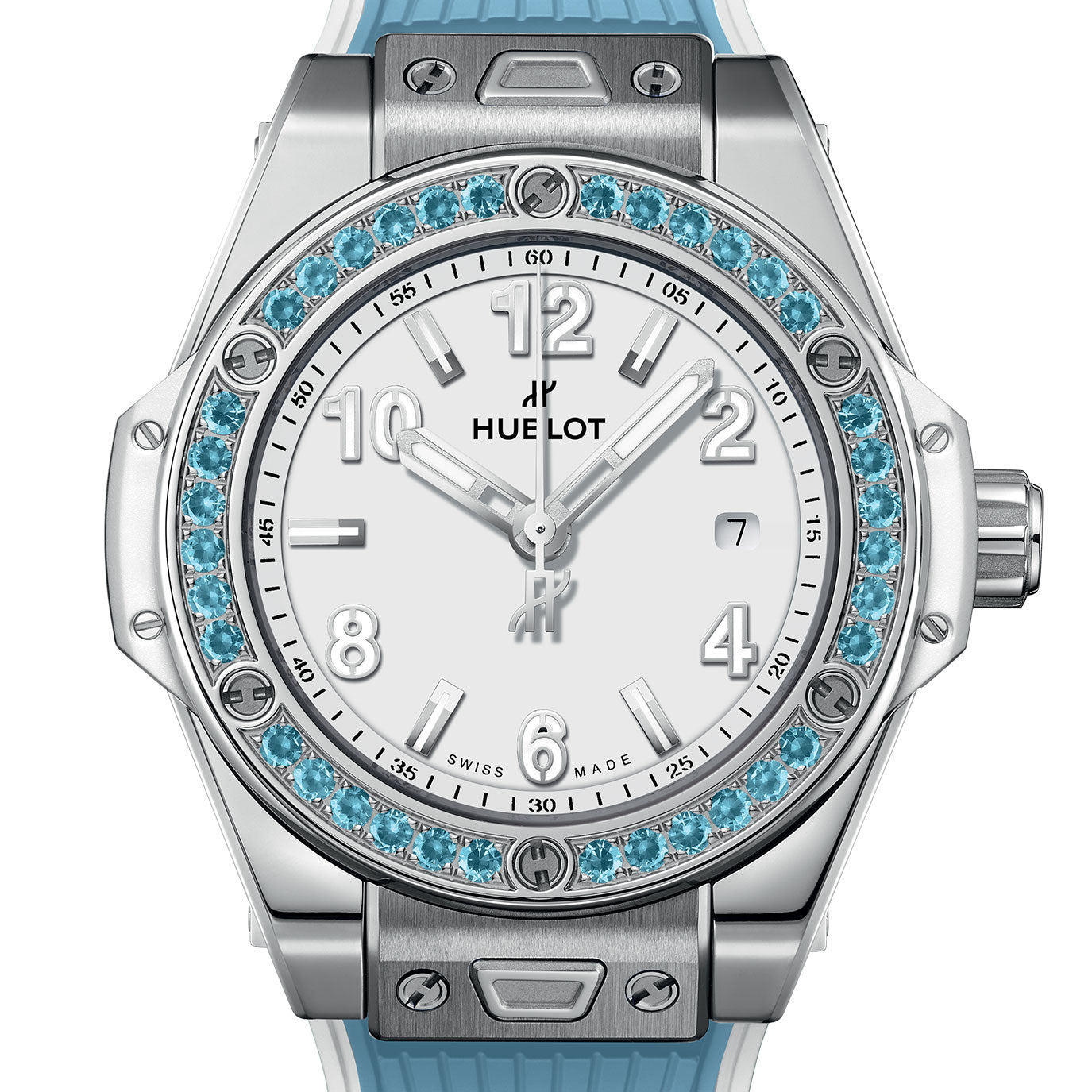 Unworn Hublot Big Bang One Click Joyful Steel Sky Blue 33, 485.SL.2210.RX.1207, box and papers
