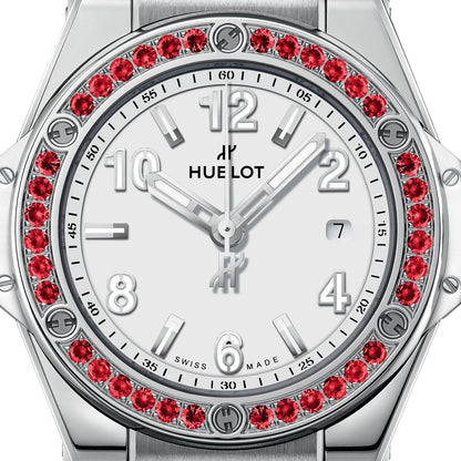 Unworn Hublot Big Bang One Click Joyful Steel Red 33, 485.SR.2210.RX.1213, box and papers