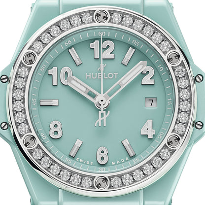 Unworn Hublot Big Bang One Click Mint Green Ceramic Diamonds 33, 485.GS.5271.RX.1204, box and papers