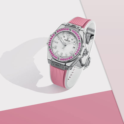 Unworn Hublot Big Bang One Click Joyful Steel Pink 33, 485.SP.2210.RX.1233, box and papers