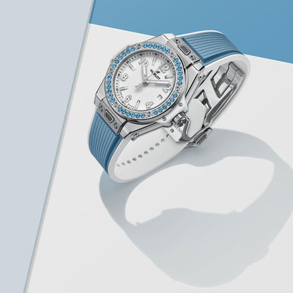 Unworn Hublot Big Bang One Click Joyful Steel Sky Blue 33, 485.SL.2210.RX.1207, box and papers