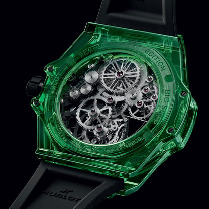 Unworn Hublot Big Bang Tourbillon Automatic Green SAXEM 44, 429.JG.0110.RT, box and papers