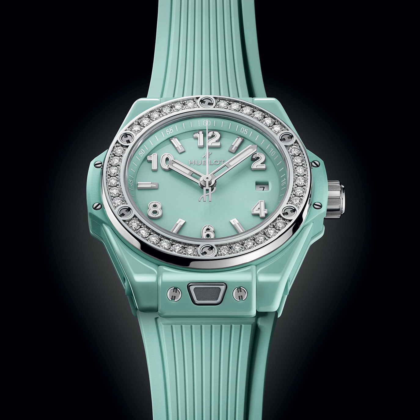 Unworn Hublot Big Bang One Click Mint Green Ceramic Diamonds 33, 485.GS.5271.RX.1204, box and papers