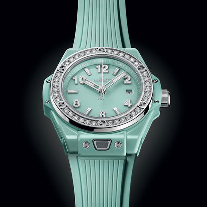 Unworn Hublot Big Bang One Click Mint Green Ceramic Diamonds 33, 485.GS.5271.RX.1204, box and papers