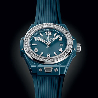 Unworn Hublot Big Bang One Click Petrol Blue Ceramic Diamonds 33, 485.ES.5171.RX.1204, box and papers