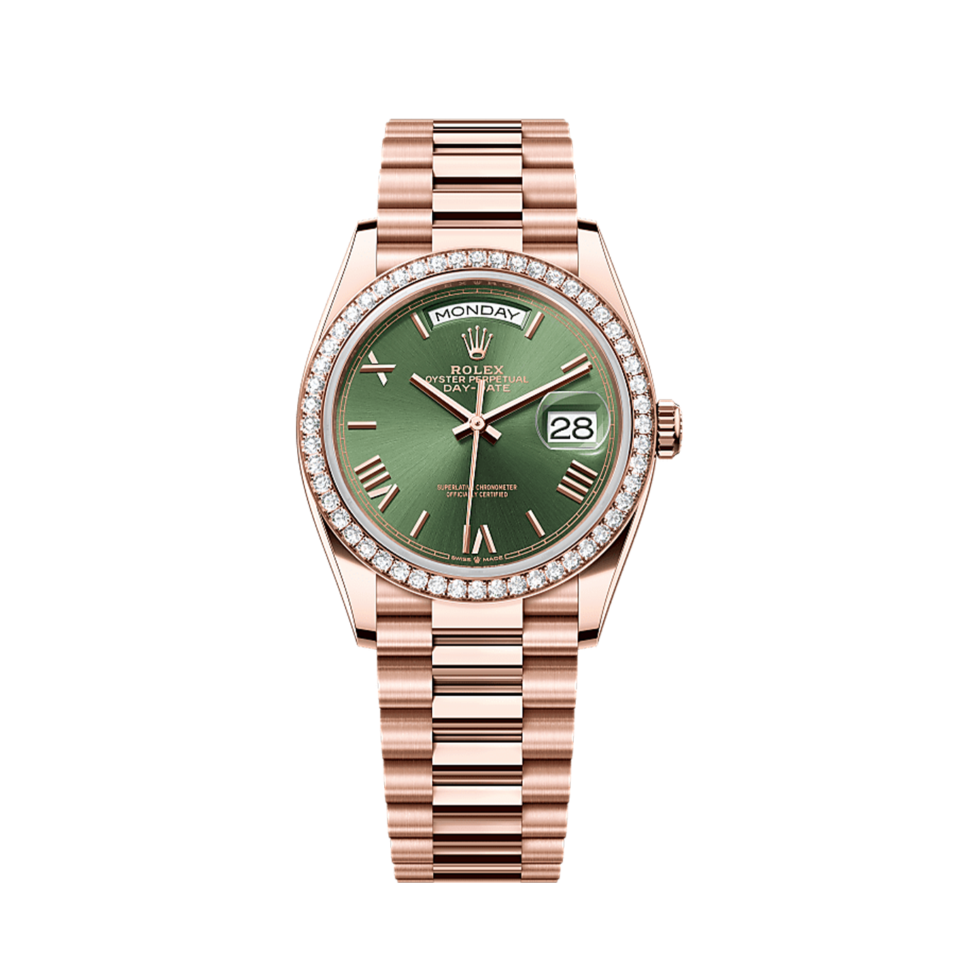 Unworn 2025, Rolex Day-Date 36, 18k Everose Gold and Diamond-set, 36mm, Ref# 128345rbr-0085, box and papers