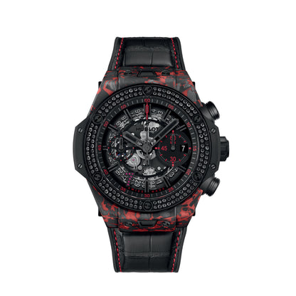 Hublot Big Bang Unico Red Carbon Black Diamonds Las Vegas Boutique, Matt Red Frosted carbon, 126 black diamonds, 44mm, Limited Edition, Ref# 421.QV.1113.LR.1100.LVB23