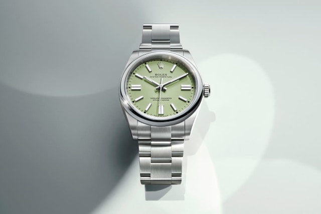 Unworn 2025, Rolex Oyster Perpetual, Oystersteel, 28mm, Pistachio-green dial, Domed Oyster, Ref# 276200-0006, box and papers