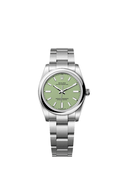 Unworn 2025, Rolex Oyster Perpetual, Oystersteel, 34mm, Pistachio-green dial, Domed Oyster, Ref# 124200-0006, box and papers