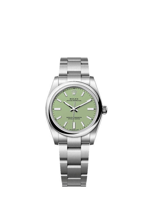 Unworn 2025, Rolex Oyster Perpetual, Oystersteel, 34mm, Pistachio-green dial, Domed Oyster, Ref# 124200-0006, box and papers