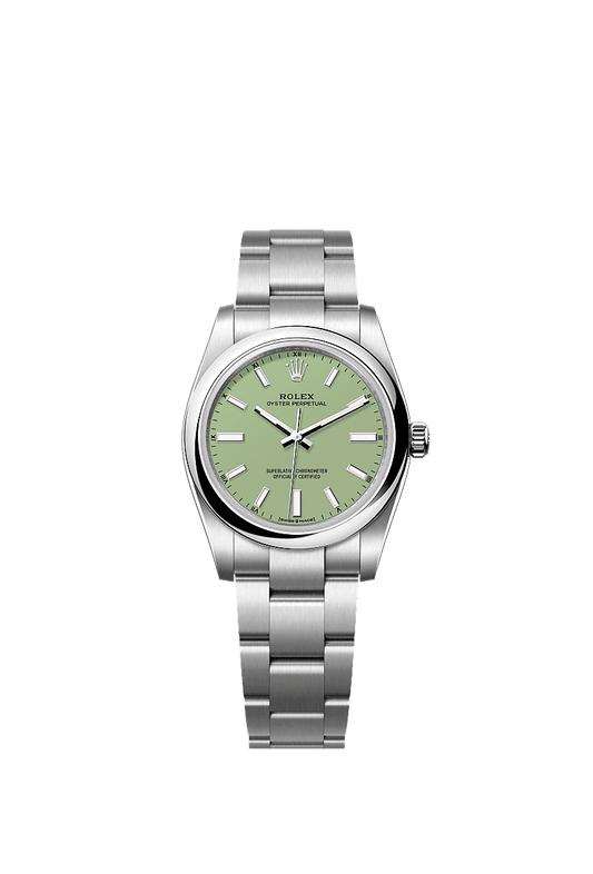 Unworn 2025, Rolex Oyster Perpetual, Oystersteel, 34mm, Pistachio-green dial, Domed Oyster, Ref# 124200-0006, box and papers