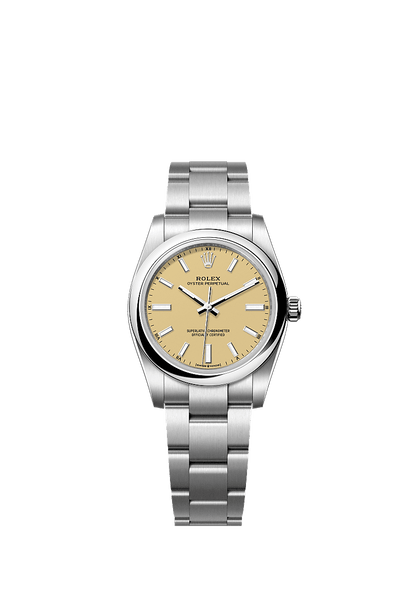 Unworn 2025, Rolex Oyster Perpetual, Oystersteel, 34mm, Beige dial, Domed Oyster, Ref# 124200-0007, box and papers