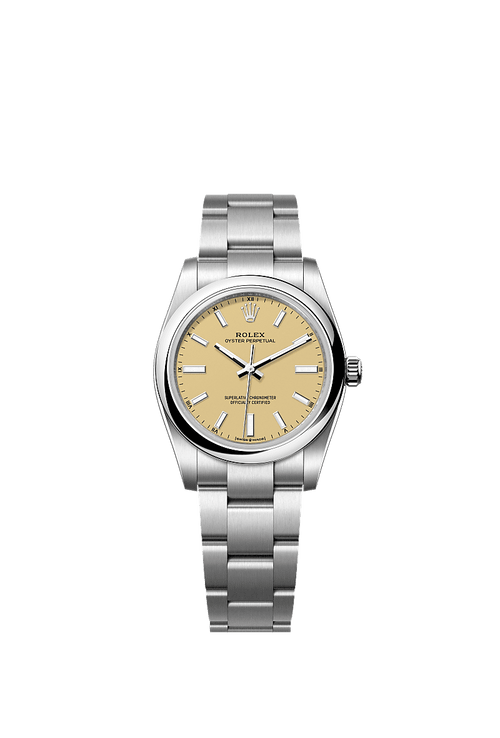 Unworn 2025, Rolex Oyster Perpetual, Oystersteel, 34mm, Beige dial, Domed Oyster, Ref# 124200-0007, box and papers