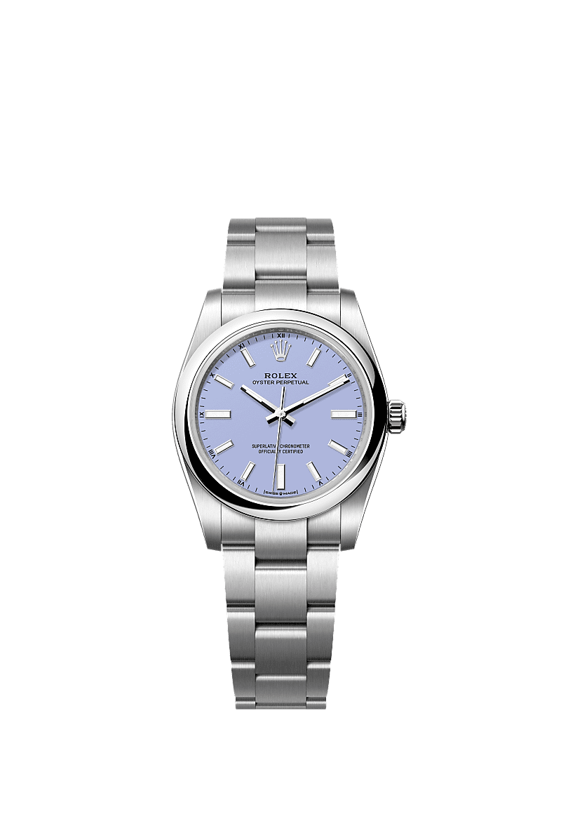 Unworn 2025, Rolex Oyster Perpetual, Oystersteel, 34mm, Lavender dial, Domed Oyster, Ref# 124200-0008, box and papers