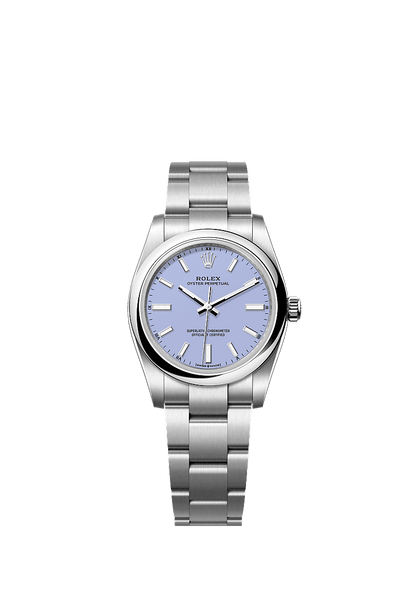 Unworn 2025, Rolex Oyster Perpetual, Oystersteel, 34mm, Lavender dial, Domed Oyster, Ref# 124200-0008, box and papers