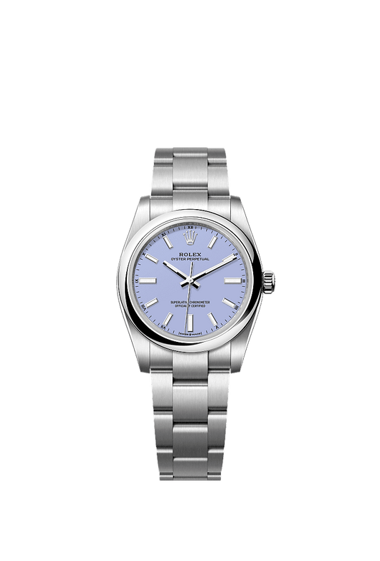 Unworn 2025, Rolex Oyster Perpetual, Oystersteel, 34mm, Lavender dial, Domed Oyster, Ref# 124200-0008, box and papers
