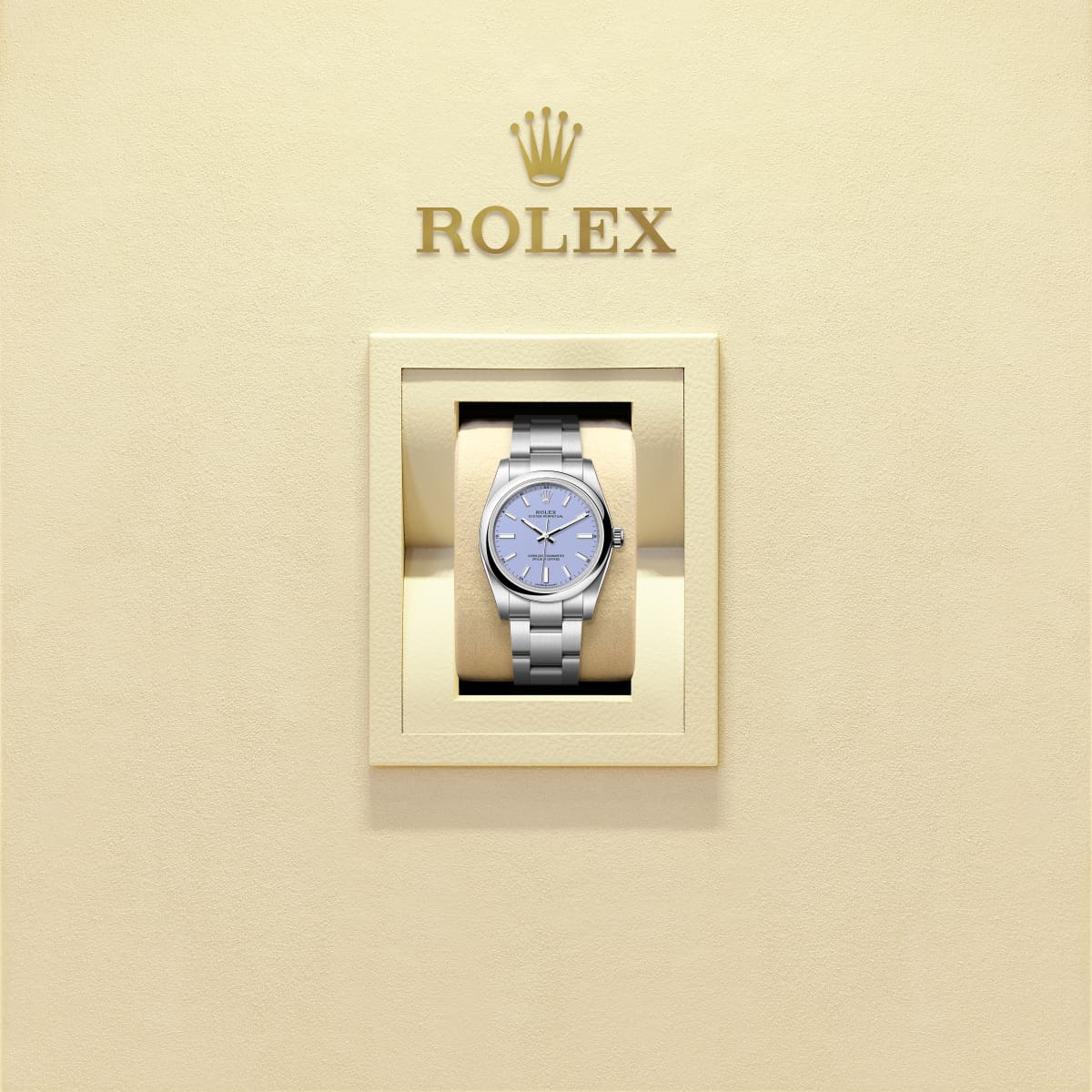 Unworn 2025, Rolex Oyster Perpetual, Oystersteel, 34mm, Lavender dial, Domed Oyster, Ref# 124200-0008, box and papers