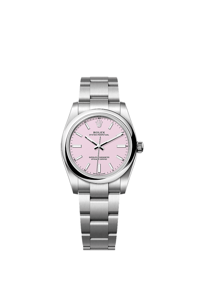 Unworn 2025, Rolex Oyster Perpetual, Oystersteel, 34mm, Candy pink dial, Domed Oyster, Ref# 124200-0009, box and papers