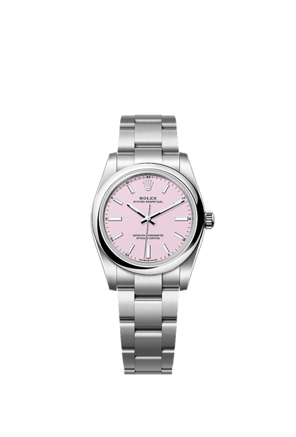 Unworn 2025, Rolex Oyster Perpetual, Oystersteel, 34mm, Candy pink dial, Domed Oyster, Ref# 124200-0009, box and papers