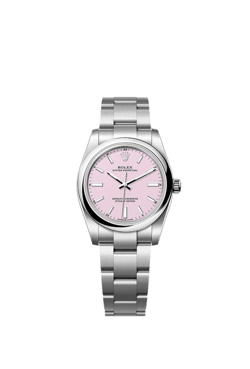 Unworn 2025, Rolex Oyster Perpetual, Oystersteel, 34mm, Candy pink dial, Domed Oyster, Ref# 124200-0009, box and papers
