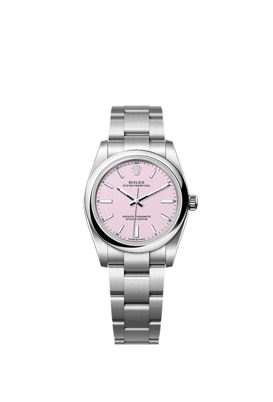 Unworn 2025, Rolex Oyster Perpetual, Oystersteel, 34mm, Candy pink dial, Domed Oyster, Ref# 124200-0009, box and papers