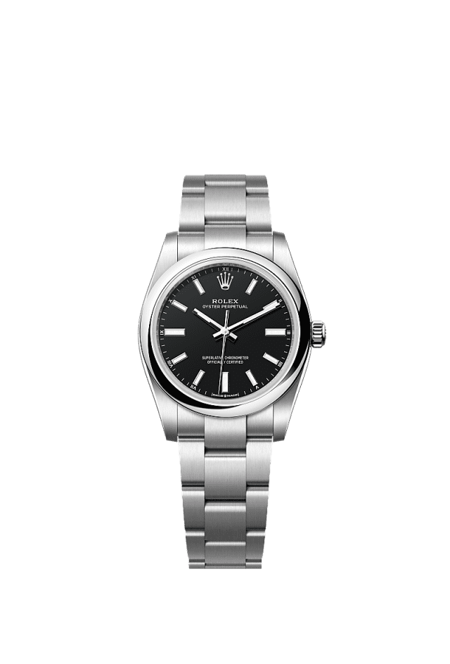 Unworn 2025, Rolex Oyster Perpetual, Oystersteel, 34mm, Black dial, Domed Oyster, Ref# 124200-0010, box and papers