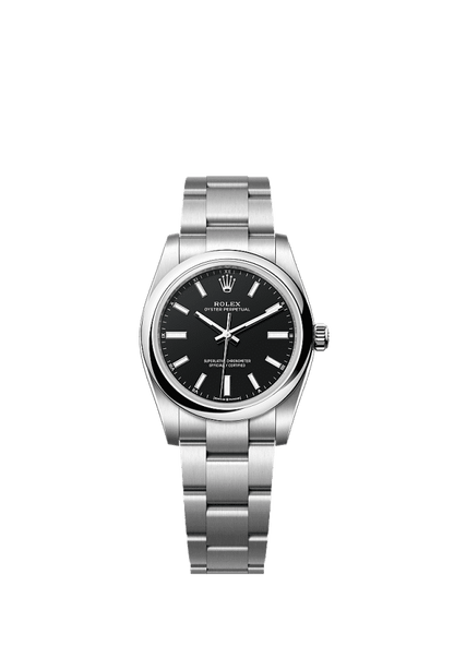 Unworn 2025, Rolex Oyster Perpetual, Oystersteel, 34mm, Black dial, Domed Oyster, Ref# 124200-0010, box and papers