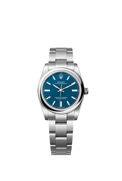 Unworn 2025, Rolex Oyster Perpetual, Oystersteel, 34mm, Blue dial, Domed Oyster, Ref# 124200-0011, box and papers