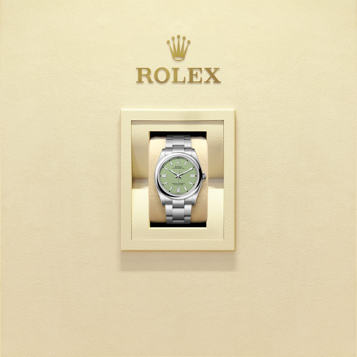 Unworn 2025, Rolex Oyster Perpetual, Oystersteel 41mm, Pistachio-green dial, Domed Oyster, Ref# 134300-0006, box and papers