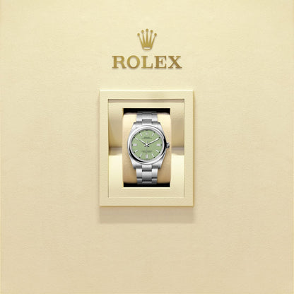 Unworn 2025, Rolex Oyster Perpetual, Oystersteel 41mm, Pistachio-green dial, Domed Oyster, Ref# 134300-0006, box and papers