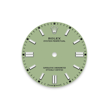 Unworn 2025, Rolex Oyster Perpetual, Oystersteel 41mm, Pistachio-green dial, Domed Oyster, Ref# 134300-0006, box and papers