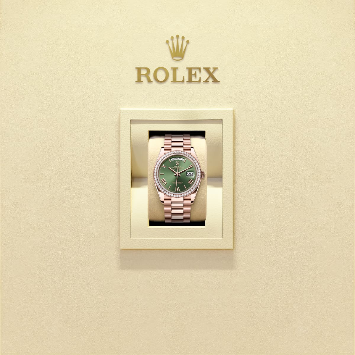 Unworn 2025, Rolex Day-Date 36, 18k Everose Gold and Diamond-set, 36mm, Ref# 128345rbr-0085, box and papers