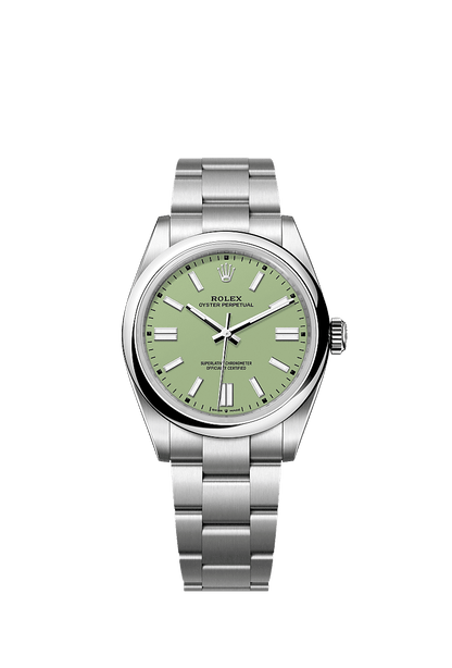 Unworn 2025, Rolex Oyster Perpetual, Oystersteel 41mm, Pistachio-green dial, Domed Oyster, Ref# 134300-0006, box and papers