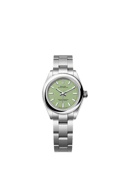 Unworn 2025, Rolex Oyster Perpetual, Oystersteel, 28mm, Pistachio-green dial, Domed Oyster, Ref# 276200-0006, box and papers