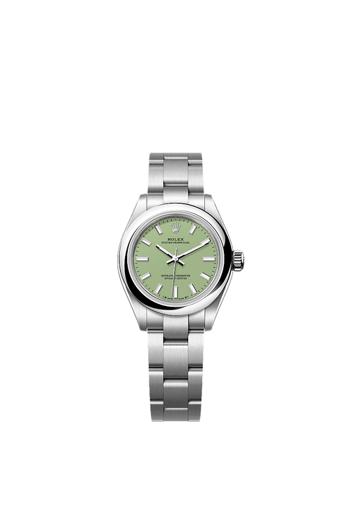 Unworn 2025, Rolex Oyster Perpetual, Oystersteel, 28mm, Pistachio-green dial, Domed Oyster, Ref# 276200-0006, box and papers