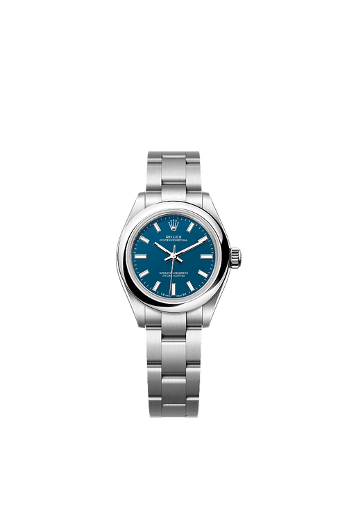 Unworn 2025, Rolex Oyster Perpetual, Oystersteel, 28mm, Blue dial, Domed Oyster, Ref# 276200-0011, box and papers