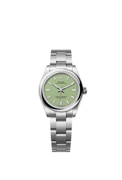 Unworn 2025, Rolex Oyster Perpetual, Oystersteel, 31mm, Pistachio-green dial, Domed Oyster, Ref# 277200-0012, box and papers