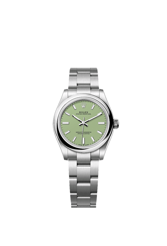 Unworn 2025, Rolex Oyster Perpetual, Oystersteel, 31mm, Pistachio-green dial, Domed Oyster, Ref# 277200-0012, box and papers